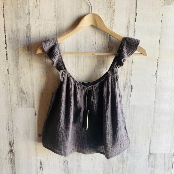 NWT Monrow Crinkle Gauze Ruffle Tank XS Boho Cottagecore Gray - Picture 1 of 10